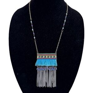 Long Necklace with Faceted Bead Tassel & Rhinestones 31” Silver Tone Chain NEW